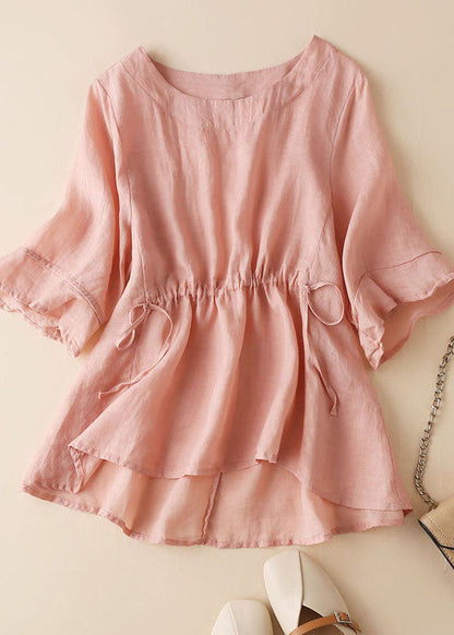 Boho Pink Cinched Patchwork Leinen Bluse Tops Halbarm