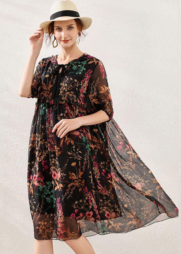 Boho Pink Cinched Print Summer Chiffon Mid Dress Half Sleeve - SooLinen