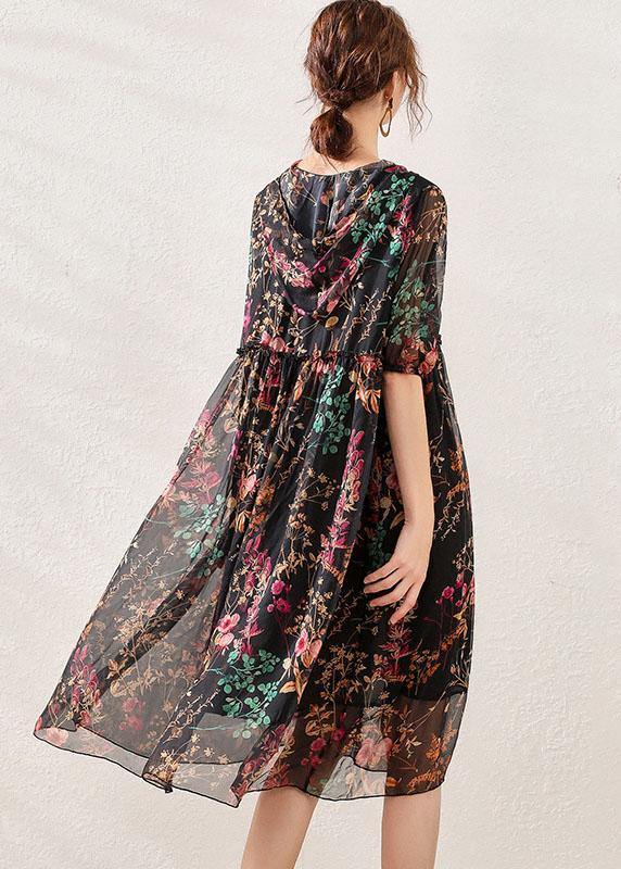 Boho Pink Cinched Print Summer Chiffon Mid Dress Half Sleeve - SooLinen