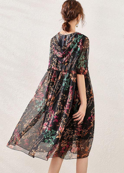 Boho Pink Cinched Print Summer Chiffon Mid Dress Half Sleeve - SooLinen