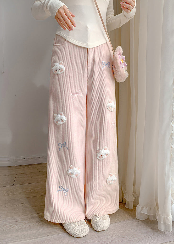 Boho Pink Embroidered Cat Decorated Warm Fleece Pants Winter