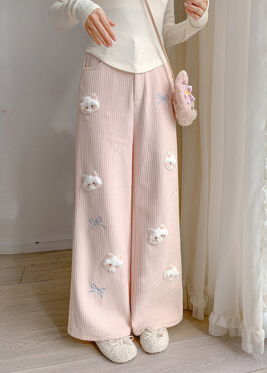 Boho Pink Embroidered Cat Decorated Warm Fleece Pants Winter