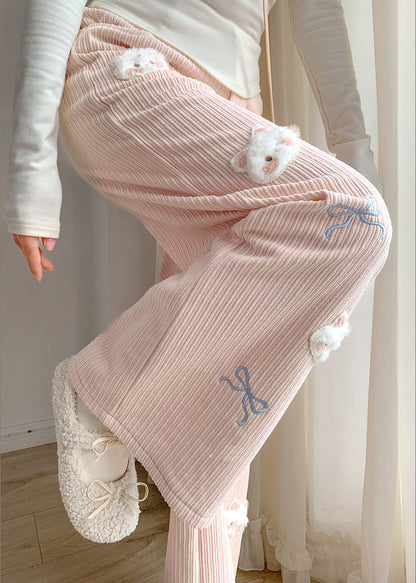 Boho Pink Embroidered Cat Decorated Warm Fleece Pants Winter