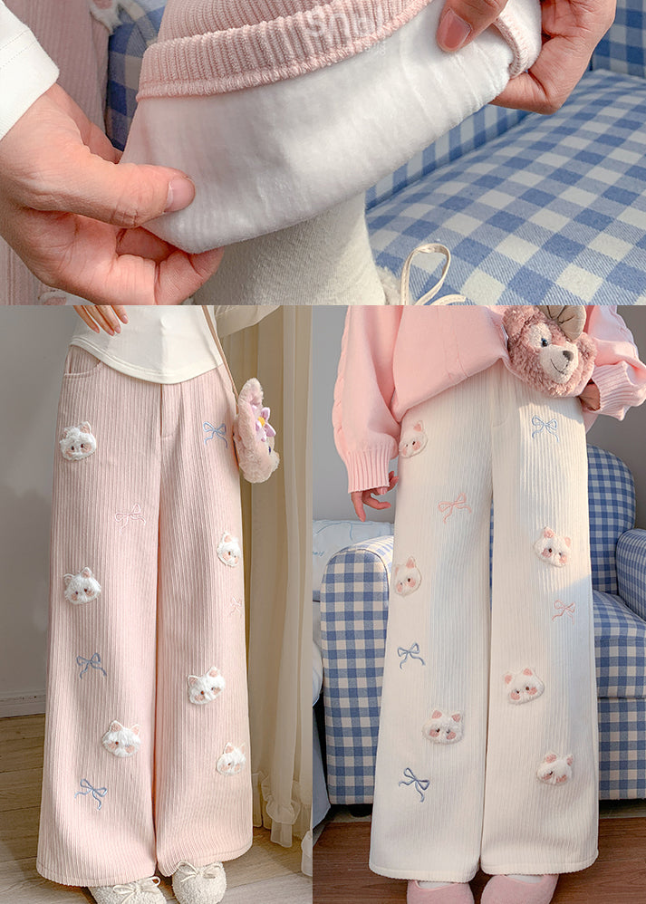 Boho Pink Embroidered Cat Decorated Warm Fleece Pants Winter