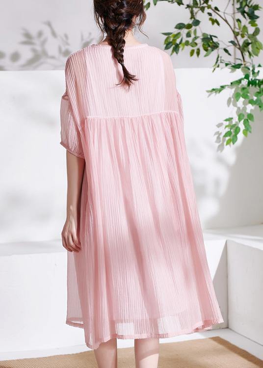 Boho Pink O-Neck Patchwork Summer Cotton Maxi Dresses Half Sleeve - SooLinen