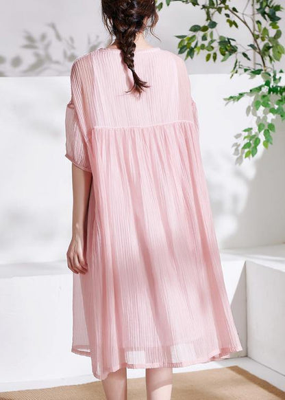 Boho Pink O-Neck Patchwork Summer Cotton Maxi Dresses Half Sleeve - SooLinen