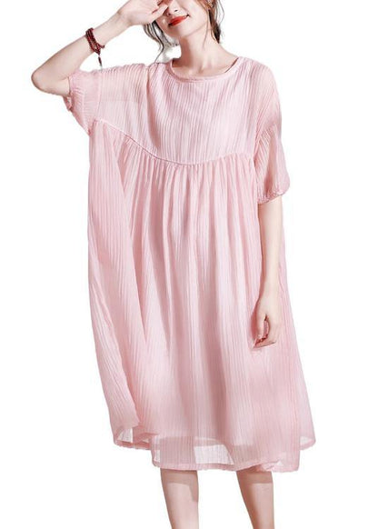 Boho Pink O-Neck Patchwork Summer Cotton Maxi Dresses Half Sleeve - SooLinen