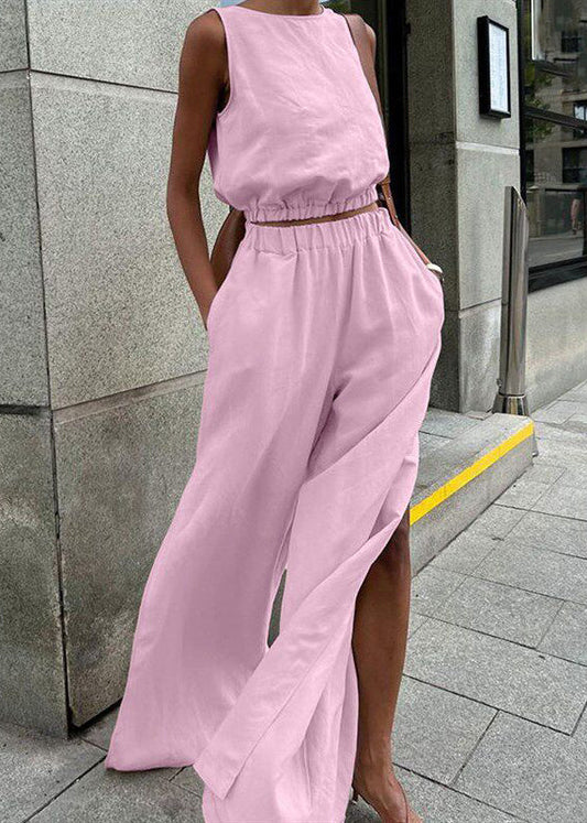 Boho Pink O-Neck Solid Top And Wide Leg Pants Two Pieces Set Summer