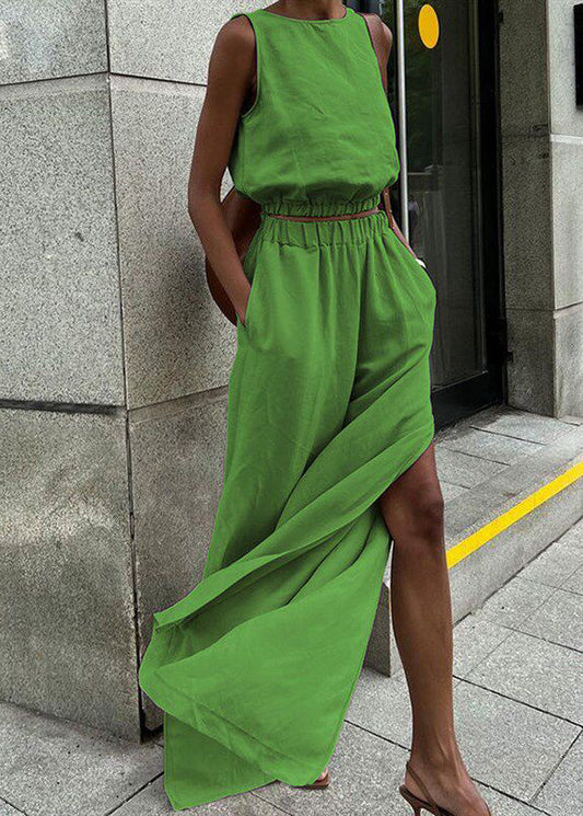 Boho Pink O-Neck Solid Top And Wide Leg Pants Two Pieces Set Summer