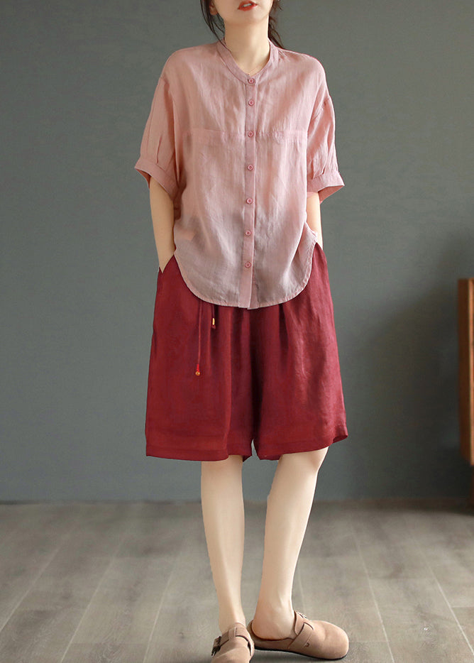 Boho Pink Oversized Linen Shirt Tops Summer