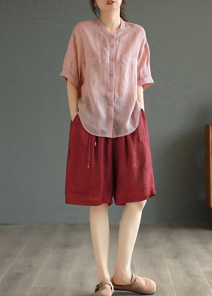 Boho Pink Oversized Linen Shirt Tops Summer