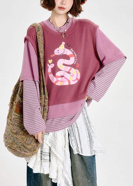 Sudadera de dos piezas de algodón con estampado de patchwork extragrande en color rosa bohemio para primavera