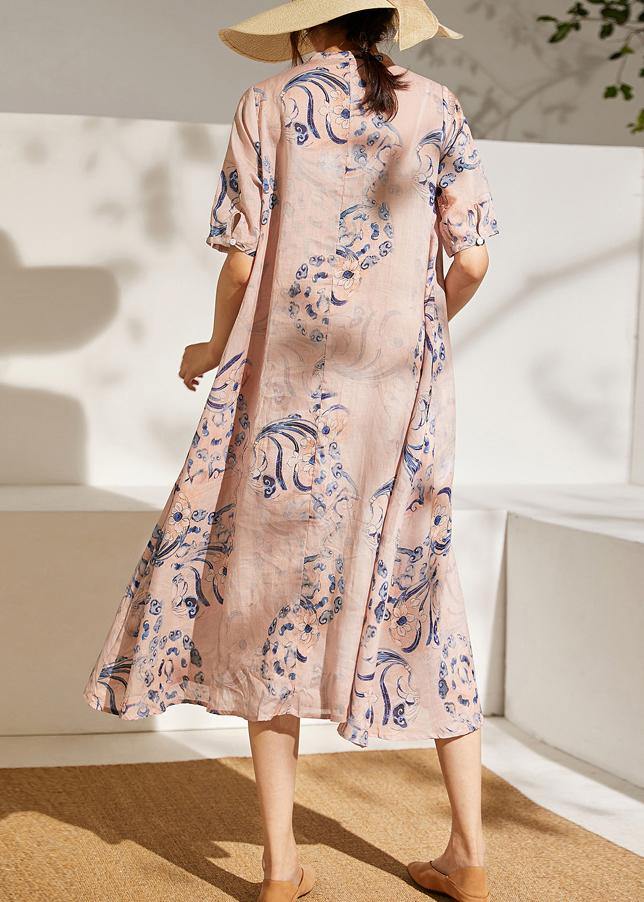 Boho Pink Print  Tie Waist Patchwork Summer Ramie Long Dress Short Sleeve - SooLinen