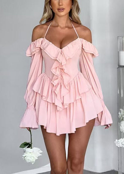 Boho Pink Ruffled Halter Chiffon Vacation Dress Long Sleeve