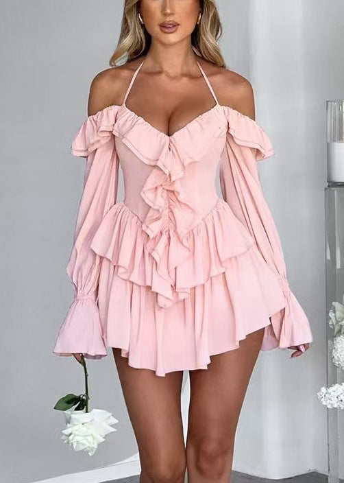 Boho Pink Ruffled Halter Chiffon Vacation Dress Long Sleeve
