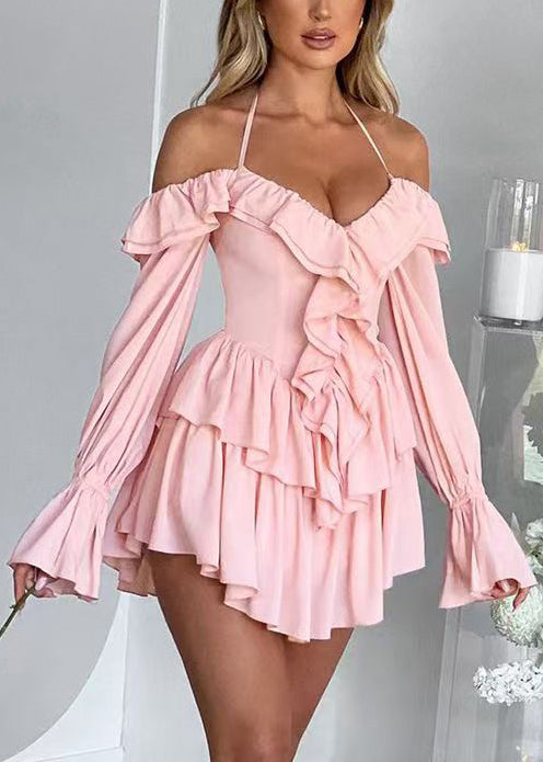 Boho Pink Ruffled Halter Chiffon Vacation Dress Long Sleeve