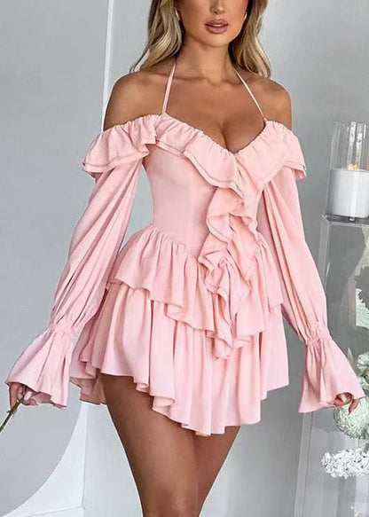 Boho Pink Ruffled Halter Chiffon Vacation Dress Long Sleeve