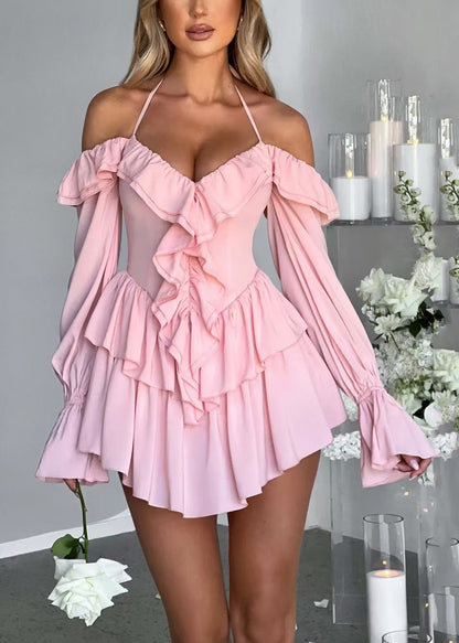 Boho Pink Ruffled Halter Chiffon Vacation Dress Long Sleeve