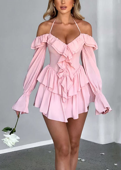Boho Pink Ruffled Halter Chiffon Vacation Dress Long Sleeve