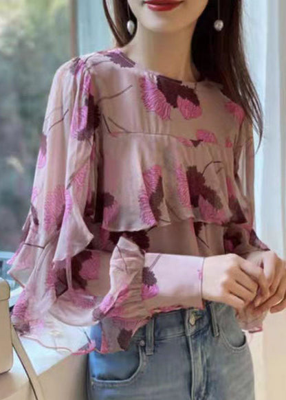 Boho Rosa Rüschen O-Ausschnitt Print Patchwork Chiffon Shirt Langarm