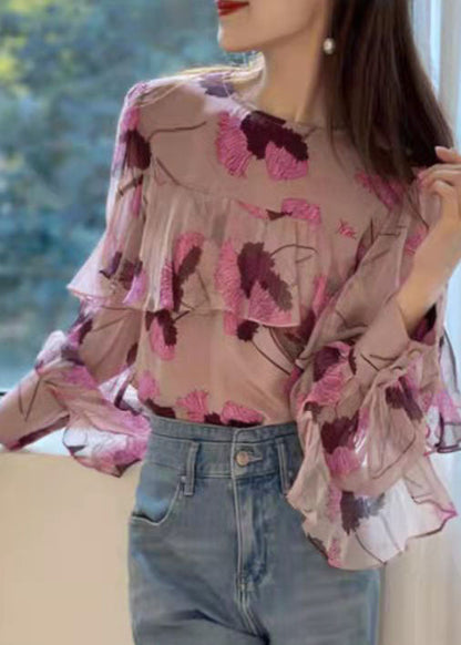 Boho Rosa Rüschen O-Ausschnitt Print Patchwork Chiffon Shirt Langarm
