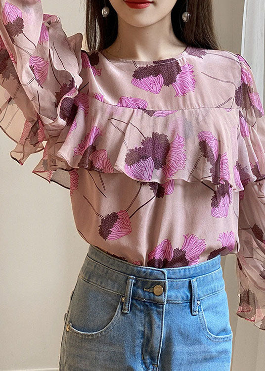 Boho Rosa Rüschen O-Ausschnitt Print Patchwork Chiffon Shirt Langarm