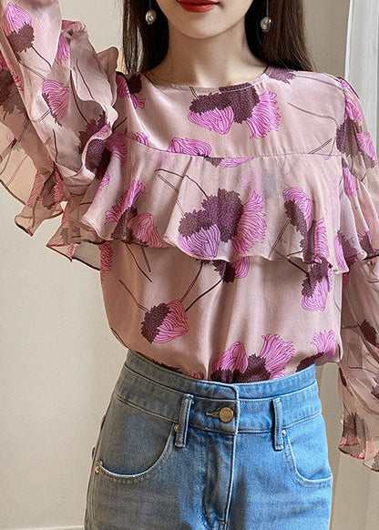 Boho Rosa Rüschen O-Ausschnitt Print Patchwork Chiffon Shirt Langarm