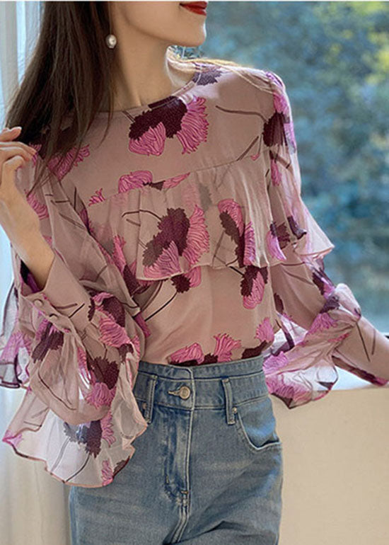Boho Rosa Rüschen O-Ausschnitt Print Patchwork Chiffon Shirt Langarm
