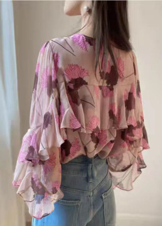 Boho Rosa Rüschen O-Ausschnitt Print Patchwork Chiffon Shirt Langarm