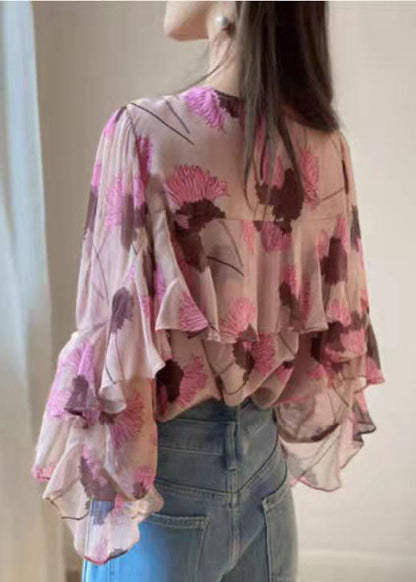 Boho Rosa Rüschen O-Ausschnitt Print Patchwork Chiffon Shirt Langarm