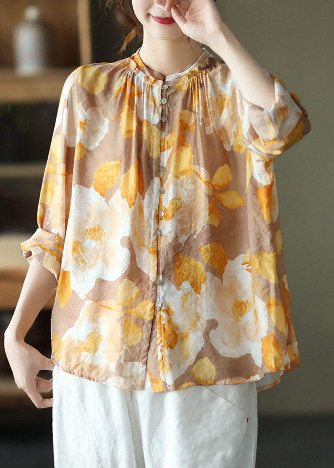 Camisa de algodón con cuello alto, estampado de patchwork, color rosa bohemio, manga larga