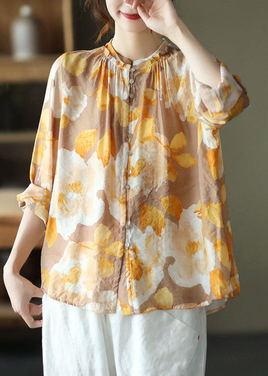 Boho Rosa Stehkragen Print Patchwork Baumwollhemd Tops Langarm