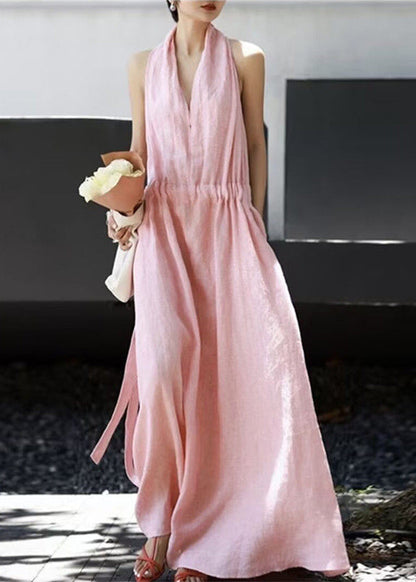 Boho Pink V Neck Drawstring Cotton Robe Dresses Sleeveless