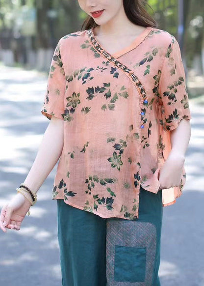 Camisa de lino con cuello en V, estampado de patchwork y estilo bohemio rosa para verano