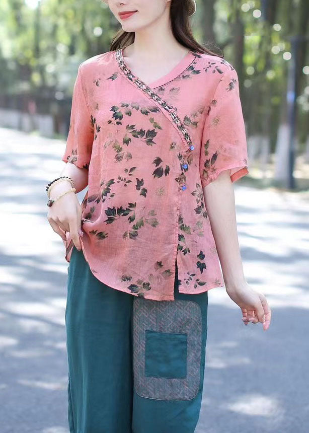 Camisa de lino con cuello en V, estampado de patchwork y estilo bohemio rosa para verano