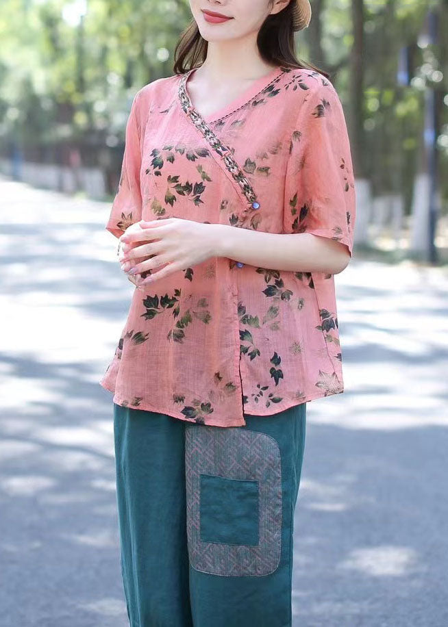 Camisa de lino con cuello en V, estampado de patchwork y estilo bohemio rosa para verano