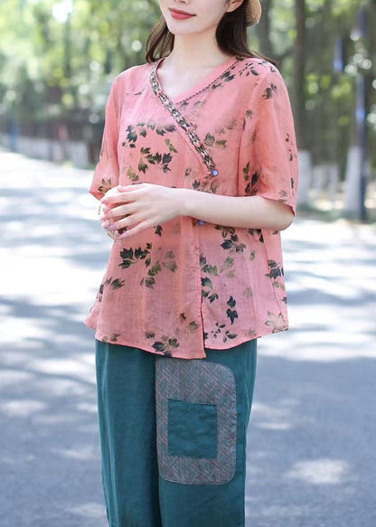 Camisa de lino con cuello en V, estampado de patchwork y estilo bohemio rosa para verano