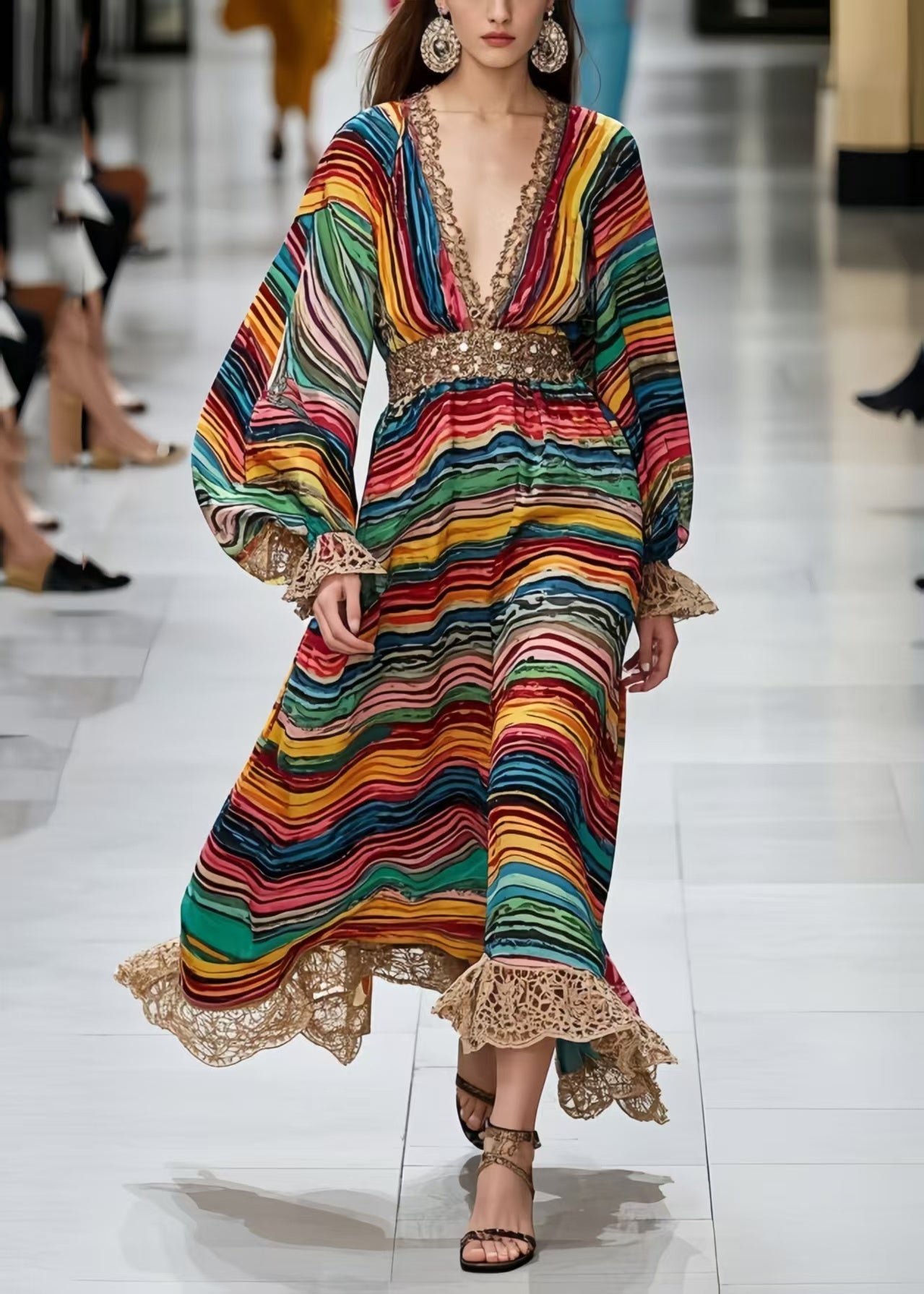 Boho Polychrome Striped Chiffon Long Dress Lantern Sleeve