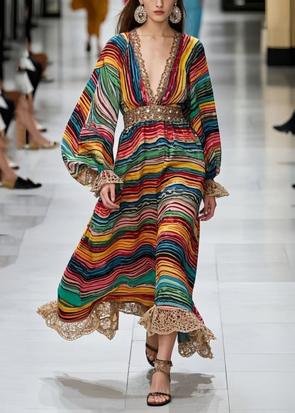 Boho Polychrome Striped Chiffon Long Dress Lantern Sleeve