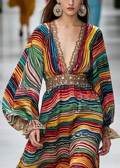 Boho Polychrome Striped Chiffon Long Dress Lantern Sleeve