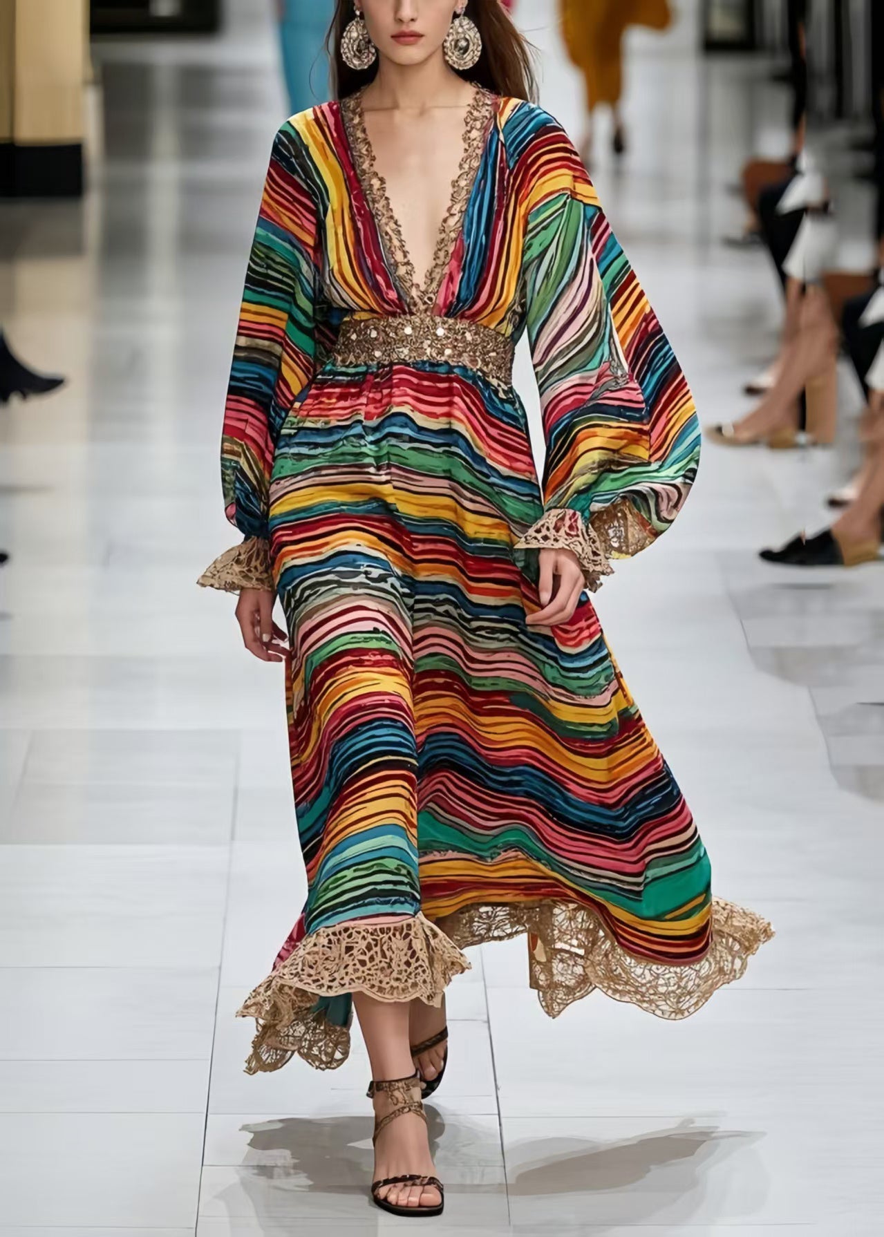 Boho Polychrome Striped Chiffon Long Dress Lantern Sleeve