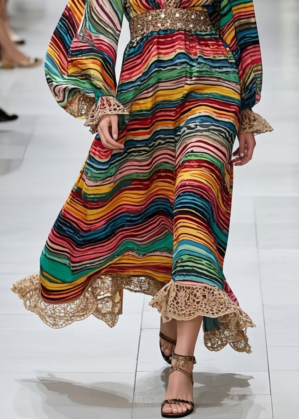 Boho Polychrome Striped Chiffon Long Dress Lantern Sleeve
