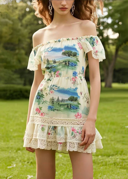 Boho Print Patchwork Lace Mini Strapless Dress Summer