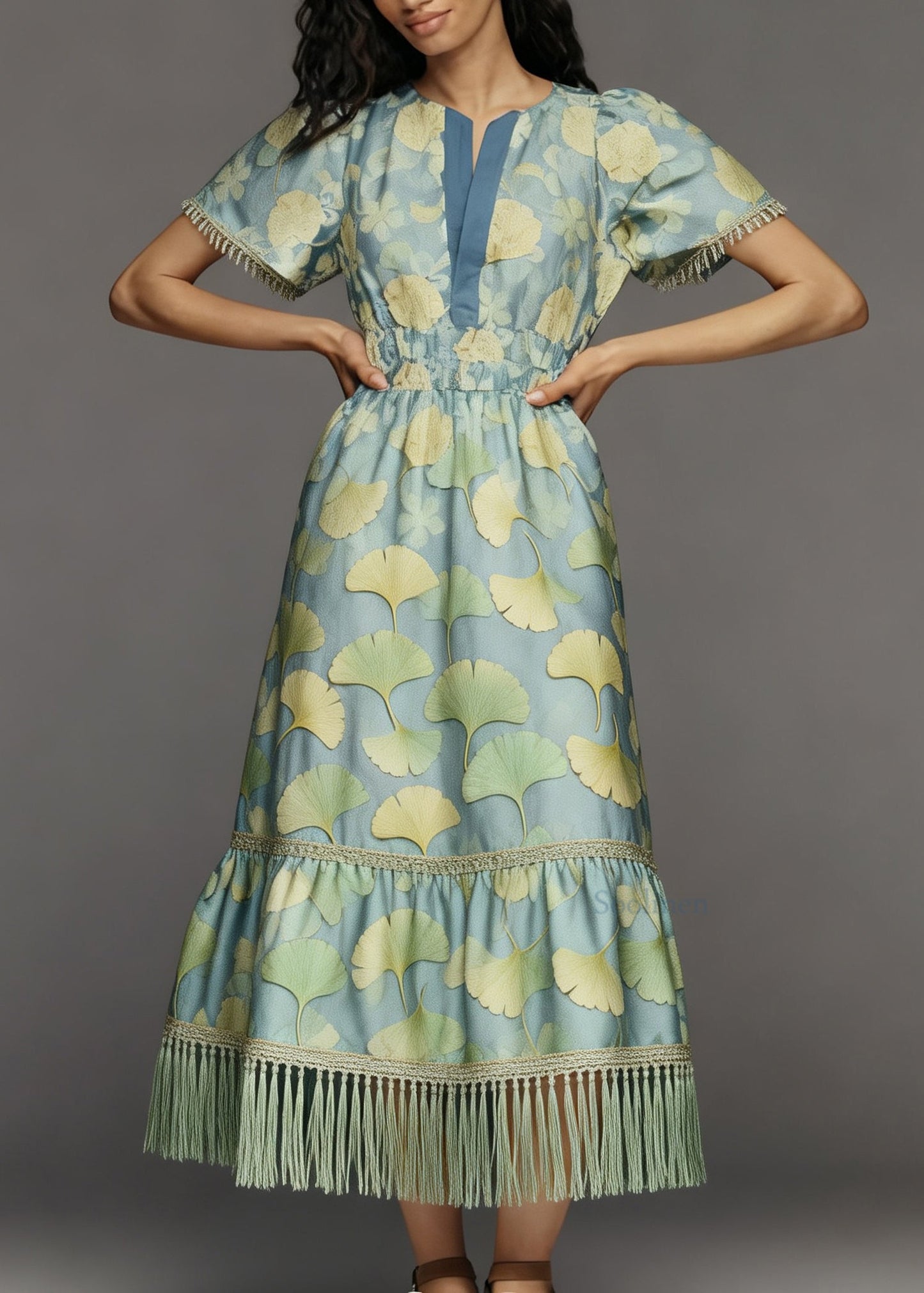 Boho Print Tasseled Patchwork Cotton Long Dress Summer