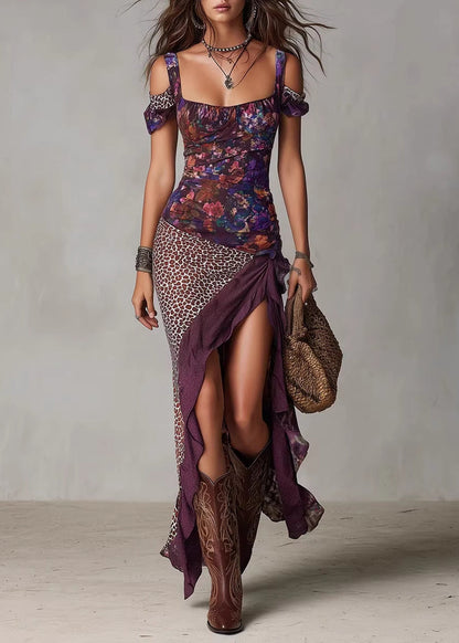 Boho Purple Asymmetrical Print Patchwork Cotton Long Dresses Summer