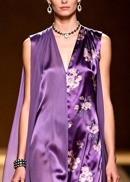 Boho Purple Asymmetrical Tulle Patchwork Silk Holiday Dress Sleeveless