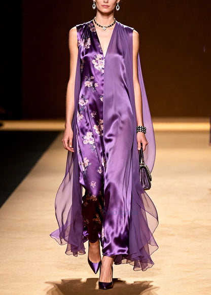 Boho Purple Asymmetrical Tulle Patchwork Silk Holiday Dress Sleeveless