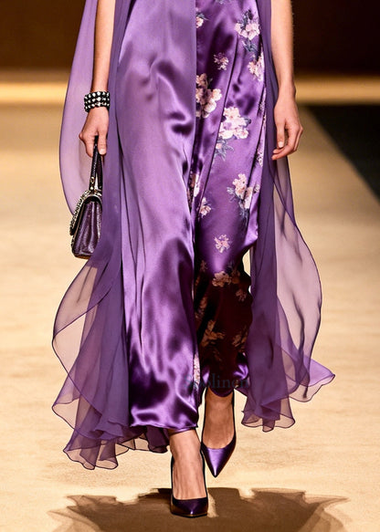 Boho Purple Asymmetrical Tulle Patchwork Silk Holiday Dress Sleeveless
