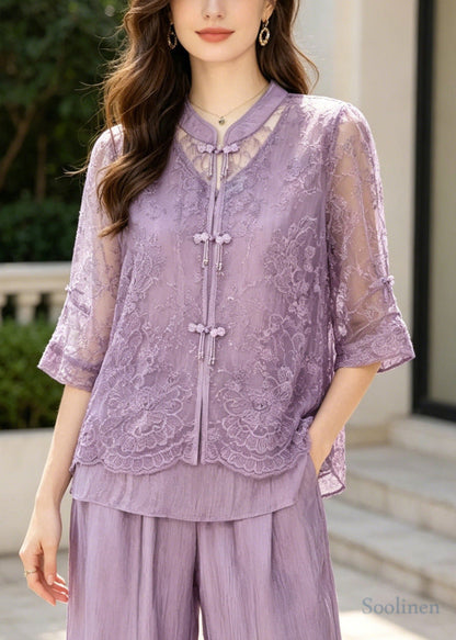 Boho Purple Embroidered Patchwork Lace Two-Piece Set Summer