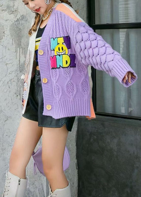 Boho Lila Locker Lässiger Patchwork Herbst Mantel Pullover